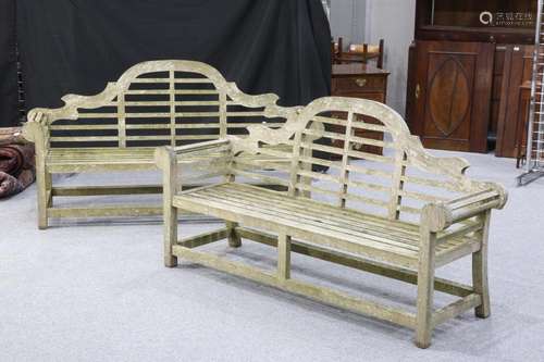 A PAIR OF TEAK LUTYENS-STYLE BENCHES, of characteristic form...