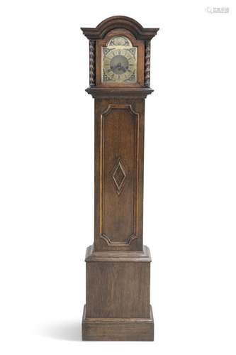 AN EARLY 20TH CENTURY OAK THREE-TRAIN GRANDMOTHER CLOCK, wit...