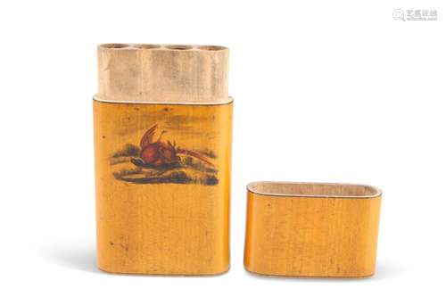 A 19TH CENTURY SATINWOOD CIGAR CASE, rounded rectangular wit...