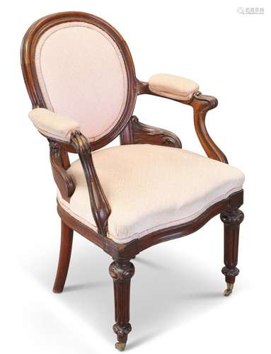 A WILLIAM IV MAHOGANY OPEN ARMCHAIR, with oval upholstered b...