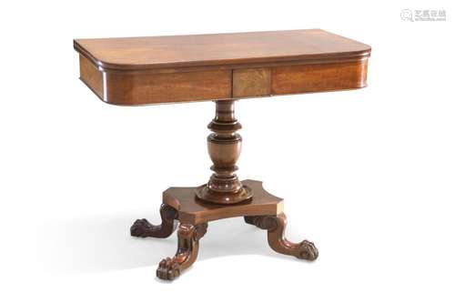 A REGENCY MAHOGANY FOLDOVER TEA TABLE, the rectangular top w...