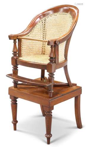 A VICTORIAN MAHOGANY AND CANEWORK BERGÈRE CHILD'S HIGHCH...