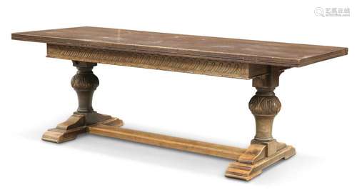 A 1930'S OAK REFECTORY TABLE IN PERIOD STYLE, with carve...