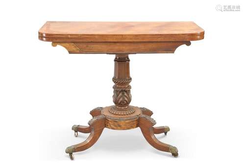 A REGENCY MAHOGANY FOLDOVER TEA TABLE, with leaf and rope-ca...