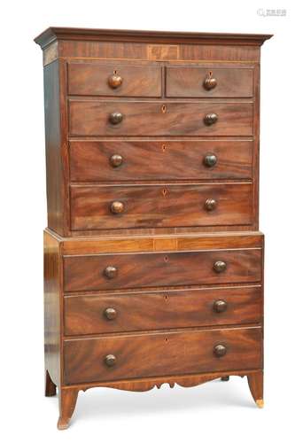 AN EARLY 19TH CENTURY MAHOGANY CHEST ON CHEST, the upper sec...