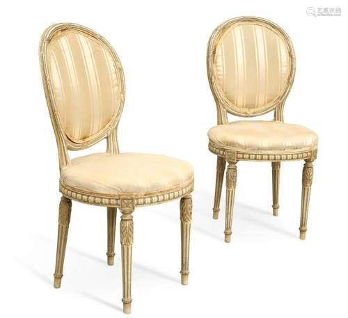 A PAIR OF LOUIS XV-STYLE SALON CHAIRS, each with oval uphols...