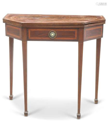 A GEORGE III-STYLE INLAID MAHOGANY FOLDOVER TEA TABLE, with ...