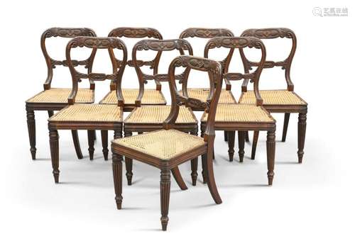 A SET OF EIGHT 19TH CENTURY BEECH AND CANEWORK DINING CHAIRS...