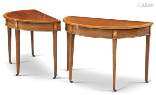 A PAIR OF INLAID MAHOGANY DEMILUNE TABLES, GEORGE III AND LA...