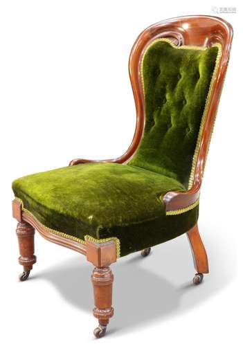 A VICTORIAN MAHOGANY AND UPHOLSTERED SPOON-BACK CHAIR, with ...