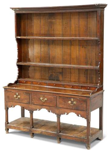 AN 18TH CENTURY OAK DRESSER AND RACK, the boarded rack with ...