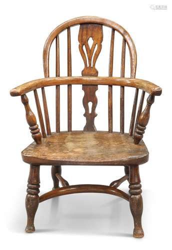 A 19TH CENTURY ELM AND OAK CHILD'S WINDSOR CHAIR, with r...