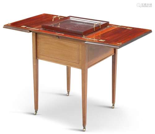 AN EDWARDIAN INLAID MAHOGANY DRINKS TABLE, the top with twin...