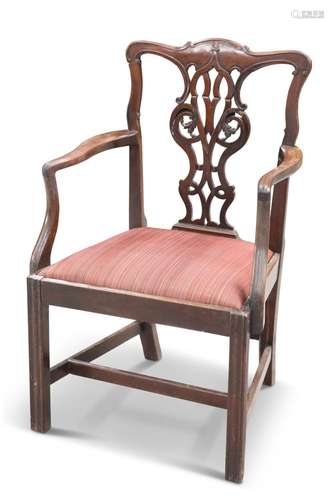 A GEORGE III MAHOGANY "CHIPPENDALE" OPEN ARMCHAIR,...