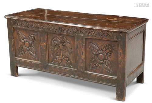 AN OAK THREE-PANEL COFFER, LATE 17TH/EARLY 18TH CENTURY, the...