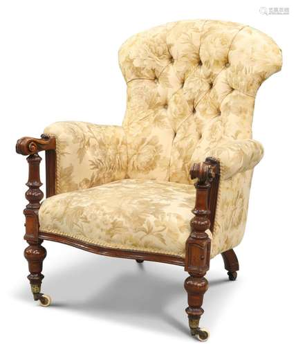 A VICTORIAN MAHOGANY AND UPHOLSTERED BUTTON-BACK ARMCHAIR, w...