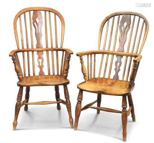 A NEAR PAIR OF YEW AND ELM WINDSOR ARMCHAIRS, 19TH CENTURY, ...