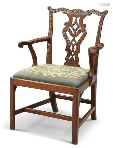 A GEORGE III MAHOGANY "CHIPPENDALE" OPEN ARMCHAIR,...