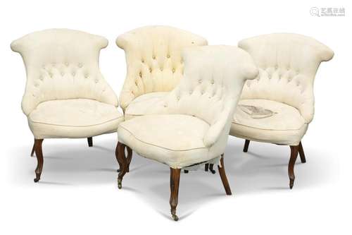 A SET OF FOUR VICTORIAN WALNUT AND UPHOLSTERED SALON CHAIRS,...