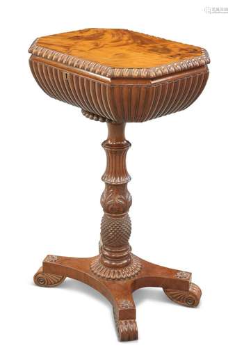 A WILLIAM IV MAHOGANY TEA POY, the rectangular top with cant...