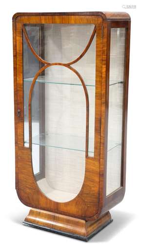 AN ART DECO WALNUT VITRINE, with partially ebonised cushion-...