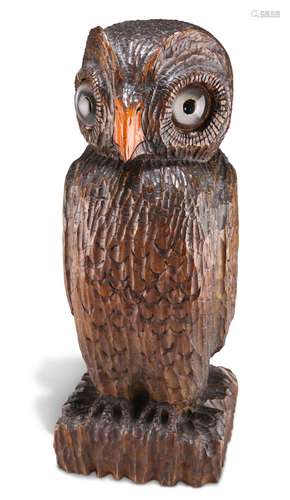 A BLACK FOREST LARGE OWL NEWEL POST FINIAL, with large glass...