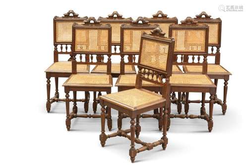 A SET OF EIGHT CONTINENTAL OAK AND CANEWORK DINING CHAIRS, L...