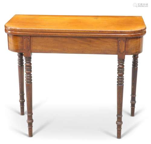 A VICTORIAN MAHOGANY FOLDOVER TEA TABLE, with rounded corner...