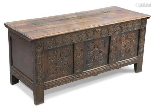 AN OAK COFFER, LATE 17TH/EARLY 18TH CENTURY, with carved thr...