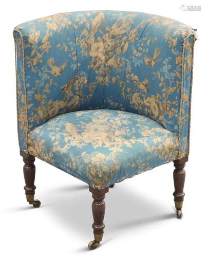 A VICTORIAN MAHOGANY AND UPHOLSTERED CORNER CHAIR, with high...