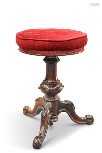 A VICTORIAN ROSEWOOD RISE AND FALL PIANO STOOL, the circular...