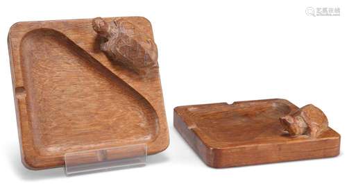 BOB HUNTER, TWO TORTOISEMAN OAK ASHTRAYS, curved rectangular...