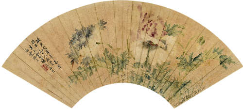 1831～1903 汤世澍 辛未（1871）年作 花开富贵 洒金设色纸本 扇片