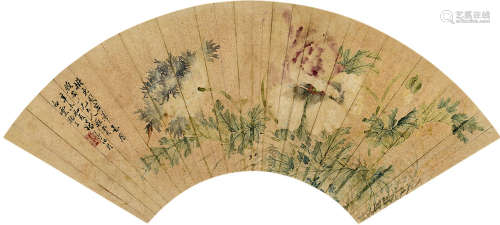 1831～1903 汤世澍 辛未（1871）年作 花开富贵 洒金设色纸本 扇片