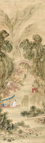 1738～1823 余集 丙申（1776）年作 春江游舟图 设色绢本 立轴