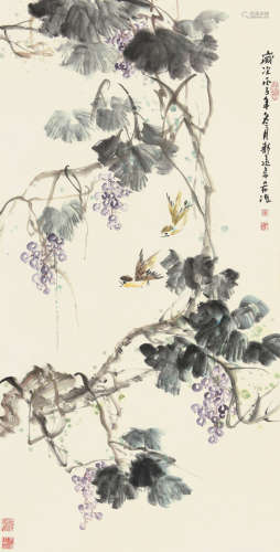 b.1964 董希源 丙子（1996）年作 葡萄双雀 设色纸本 立轴