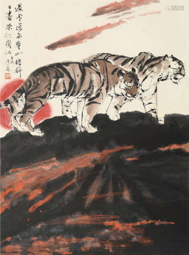 b.1931 李巍 辛未（1991）年作 秦山双虎 设色纸本 镜片