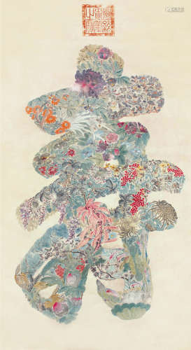 1906～1967 宣统帝 花卉寿字 设色纸本 镜片