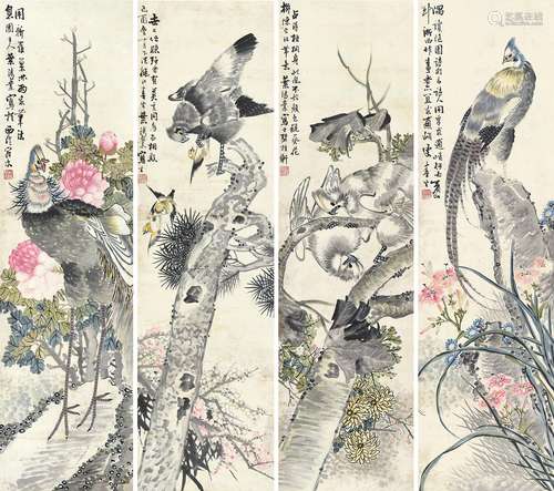 1858～1931 叶鸿业 花鸟四屏 设色纸本 屏轴四幅