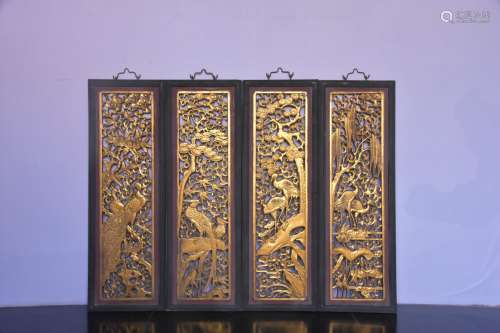 旧藏 香樟木镂空雕描金老花窗一套