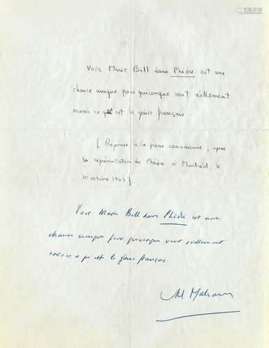 MALRAUX (André) Billet autographe sur Marie Bell d’1 page (2...