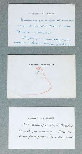 MALRAUX (André) 3 Cartes de visite autographes imprimées « A...