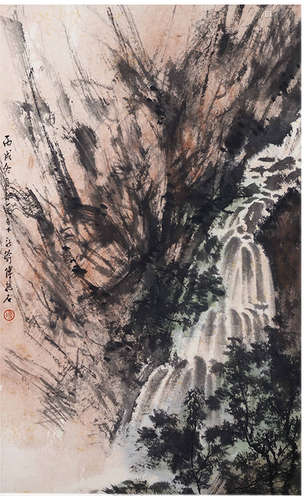 Chinese Waterfall Painting Paper Scroll, Fu Baoshi Mark