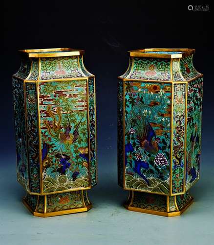 A PAIR OF CLOISONNE SQUARE VASES