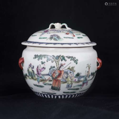 A FAMILLE ROSE 'FIGURAL' JAR WITH COVER, WITH TONGZHI SEAL M...