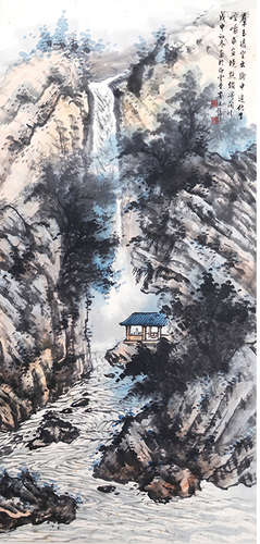 Chinese Waterfall Painting Paper Scroll, Huang Junbi Mark