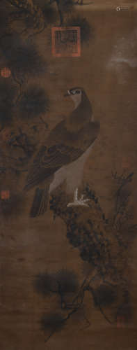 Chinese Eagle and Pine Painting Silk Scroll, Anonymous