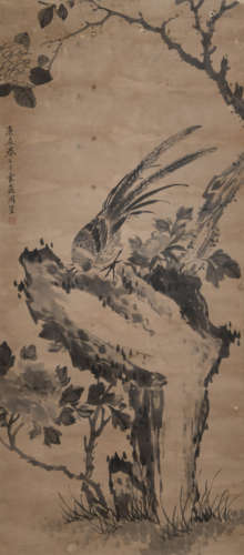 Chinese Flower&Bird Painting Paper Scroll, Zhou Li Mark