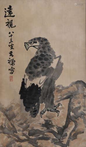 Chinese Eagle Painting Paper Scroll, Li Kuchan Mark