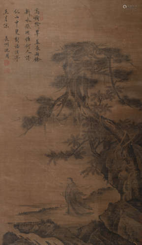 Chinese Scholars Painting Silk Scroll, Shen Zhou Mark